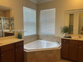 A bathroom features a corner soaking tub, dual vanities with wood cabinets, and two windows — 3837 Aspen Leaf Dr, Boynton Beach FL 33436, BOYNTON BEACH, FL
