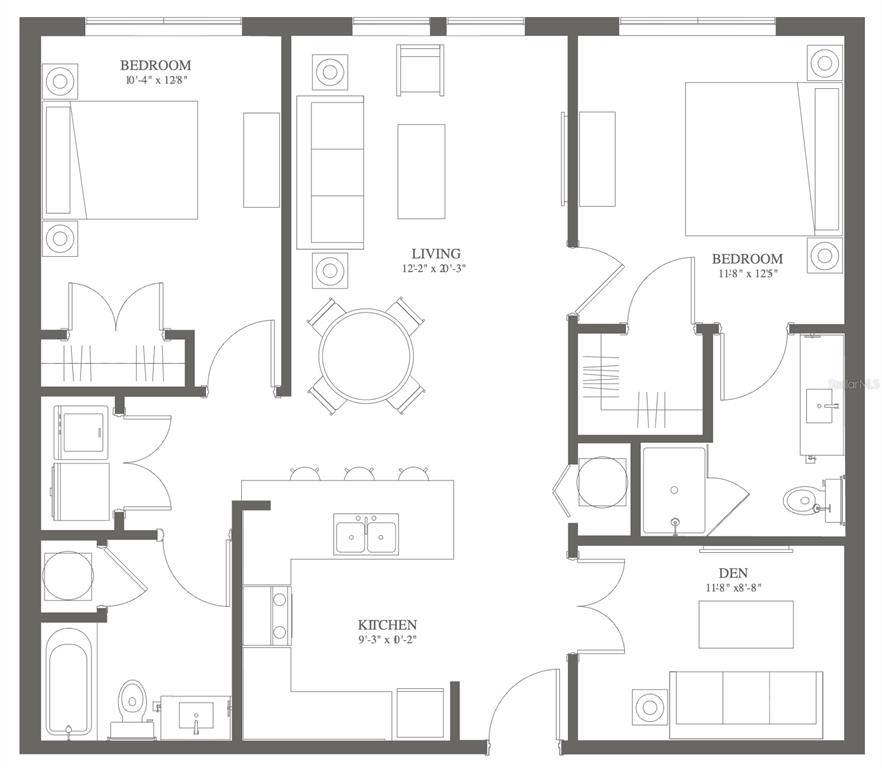 This floor plan shows a two-bedroom apartment with a kitchen, living area, den, and bathrooms — 5579 MILLENIA PARK BOULEVARD UNIT 309, ORLANDO, FL