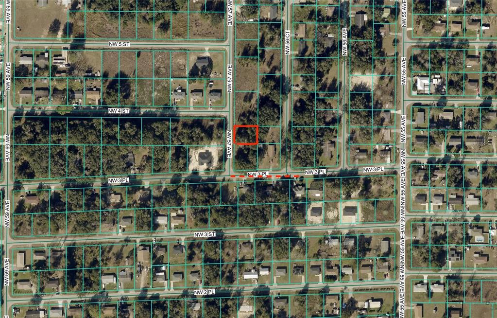 This is an aerial map showing a vacant, wooded lot highlighted in red — NW 57TH AVENUE, OCALA, FL