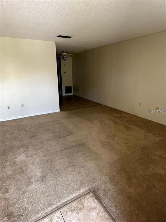 A carpeted living room leads to a hallway with a ceiling fan and tiled flooring — 109 PERKINS STREET UNIT 9, LEESBURG, FL