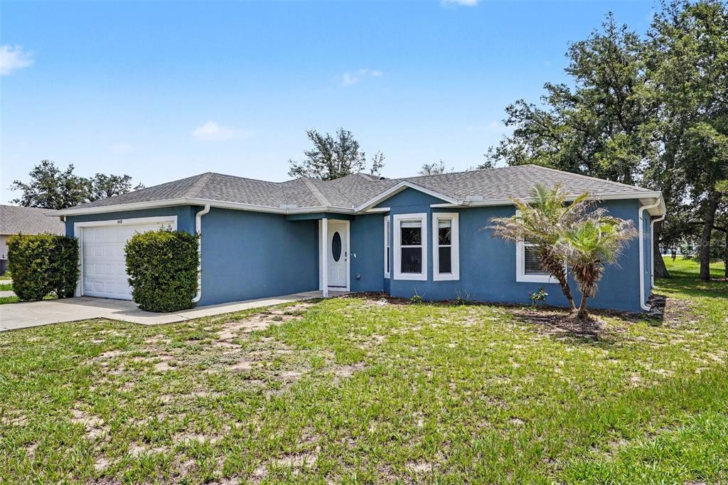 A blue single-story house with a white garage door, front door, and trim — 449 DANUBE DRIVE, KISSIMMEE, FL