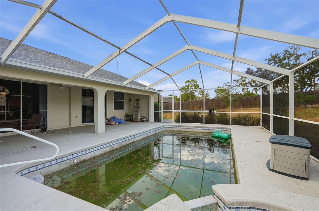 A screened-in patio features a pool with green water and a small plastic storage bin — 8038 MADRID ROAD, WEEKI WACHEE, FL