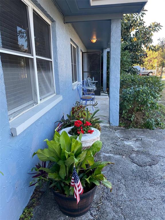 A blue house exterior features a covered porch with potted plants and outdoor seating — 508 ULELAH AVENUE, PALM HARBOR, FL