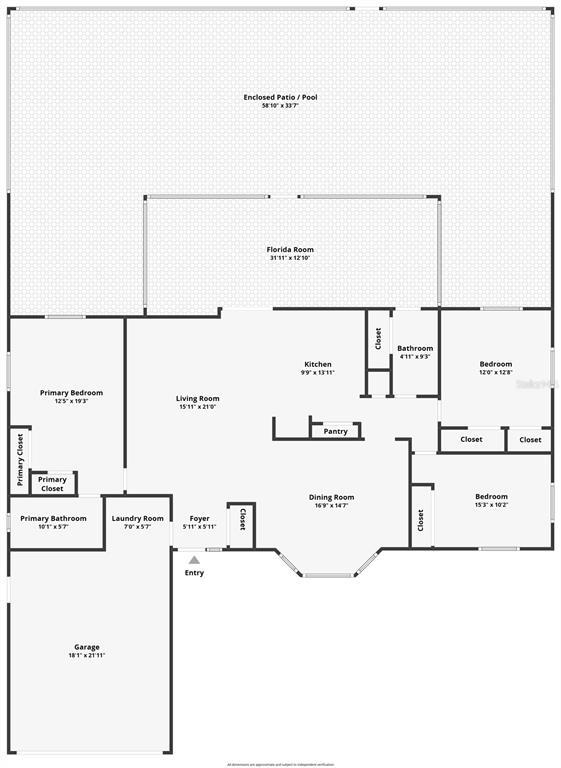 This is a floor plan showing a single-story house with three bedrooms, a pool, and garage — 6512 SENEGAL PALM WAY, APOLLO BEACH, FL