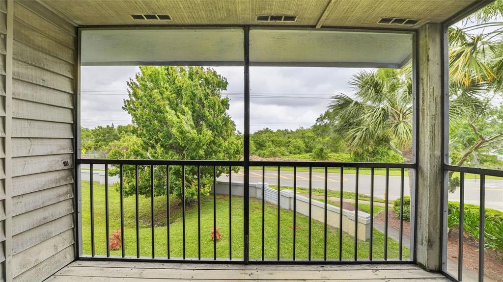A screened-in balcony with a wooden floor, black metal railing, and a view of greenery — 1765 HARRISON STREET UNIT 204, TITUSVILLE, FL