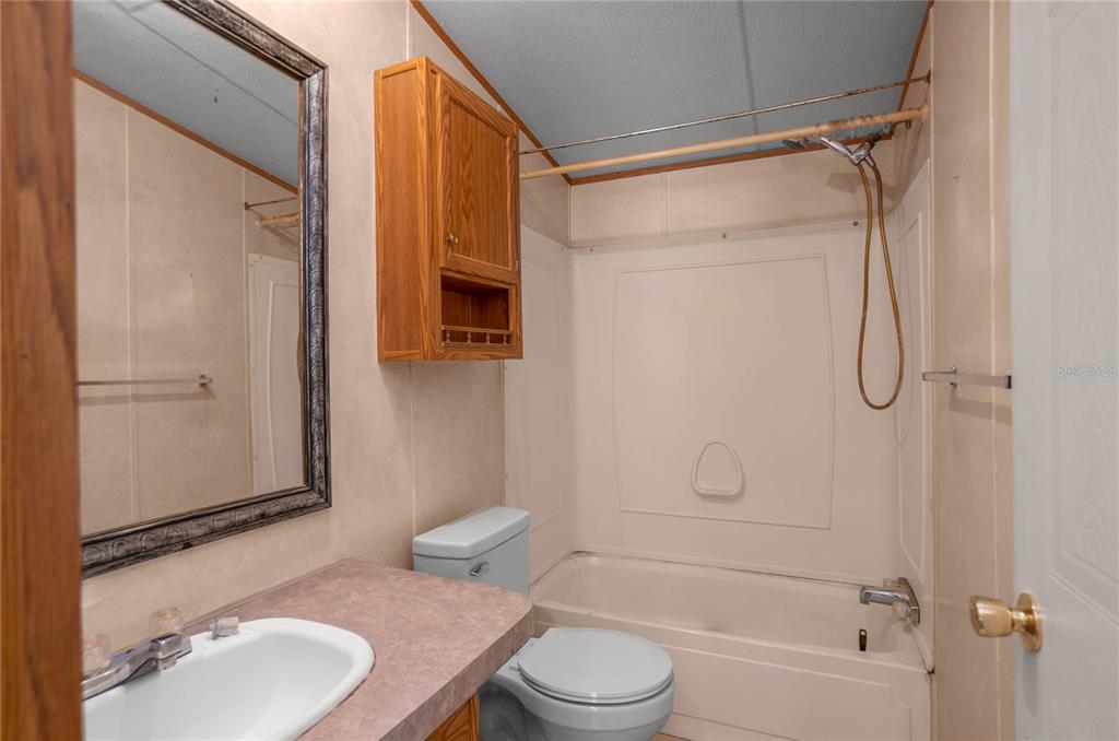 A bathroom features a vanity with a mirror, a toilet, and a shower-tub combination — 2349 NE 46TH CIRCLE, HIGH SPRINGS, FL