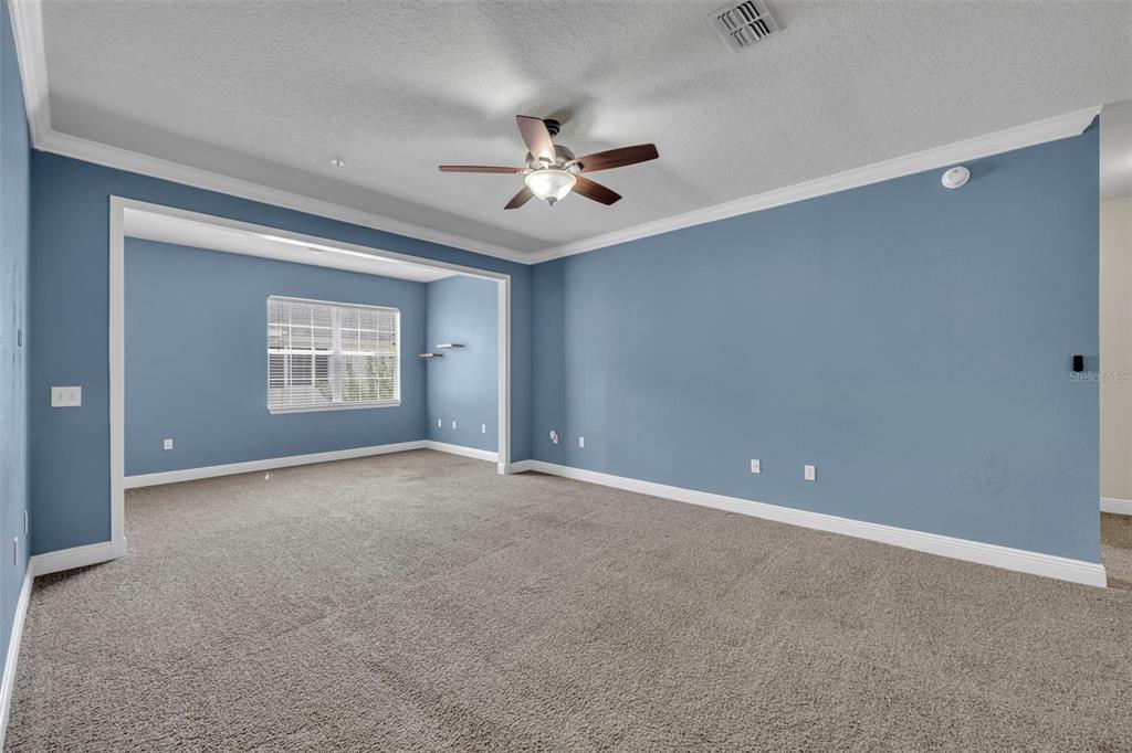 An empty living room features blue walls, gray carpeting, a ceiling fan, and a window — 200 SOUTHERN PECAN CIRCLE UNIT 206, WINTER GARDEN, FL