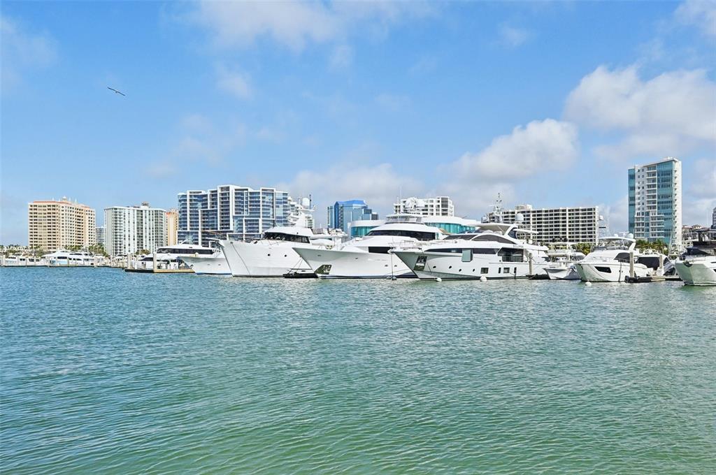 A view of several large yachts docked in a marina with high-rise buildings behind them — 1771 RINGLING BOULEVARD UNIT 1001, SARASOTA, FL