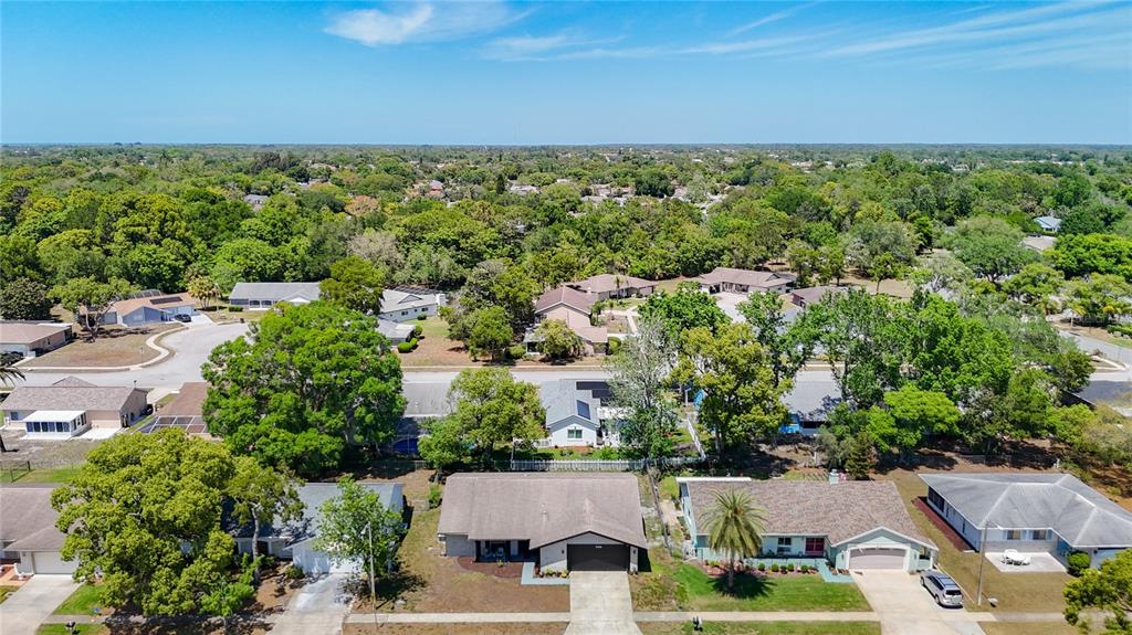 An aerial view shows a suburban neighborhood with single-story houses, driveways, and many mature trees — 8617 STONEHEDGE WAY, HUDSON, FL