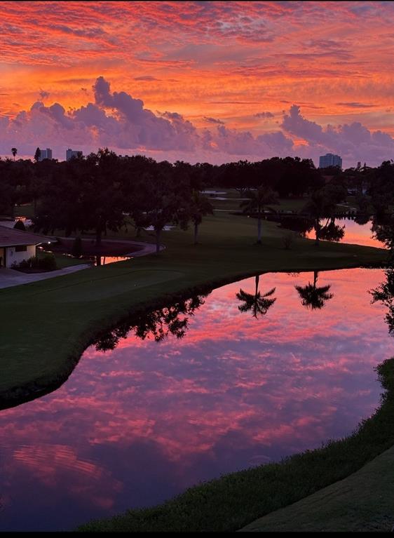 A sunset view over a golf course pond with palm tree reflections and distant buildings — 6100 GULFPORT BOULEVARD S UNIT 401, GULFPORT, FL