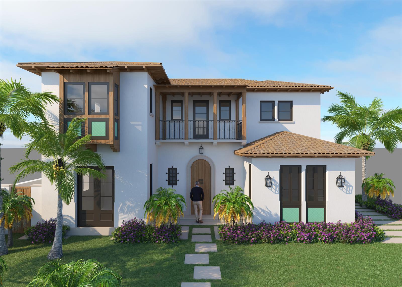 A white stucco home entrance features a wooden arched door, two windows, and potted plants — 230 Pershing Way, West Palm Beach FL 33401, WEST PALM BEACH, FL