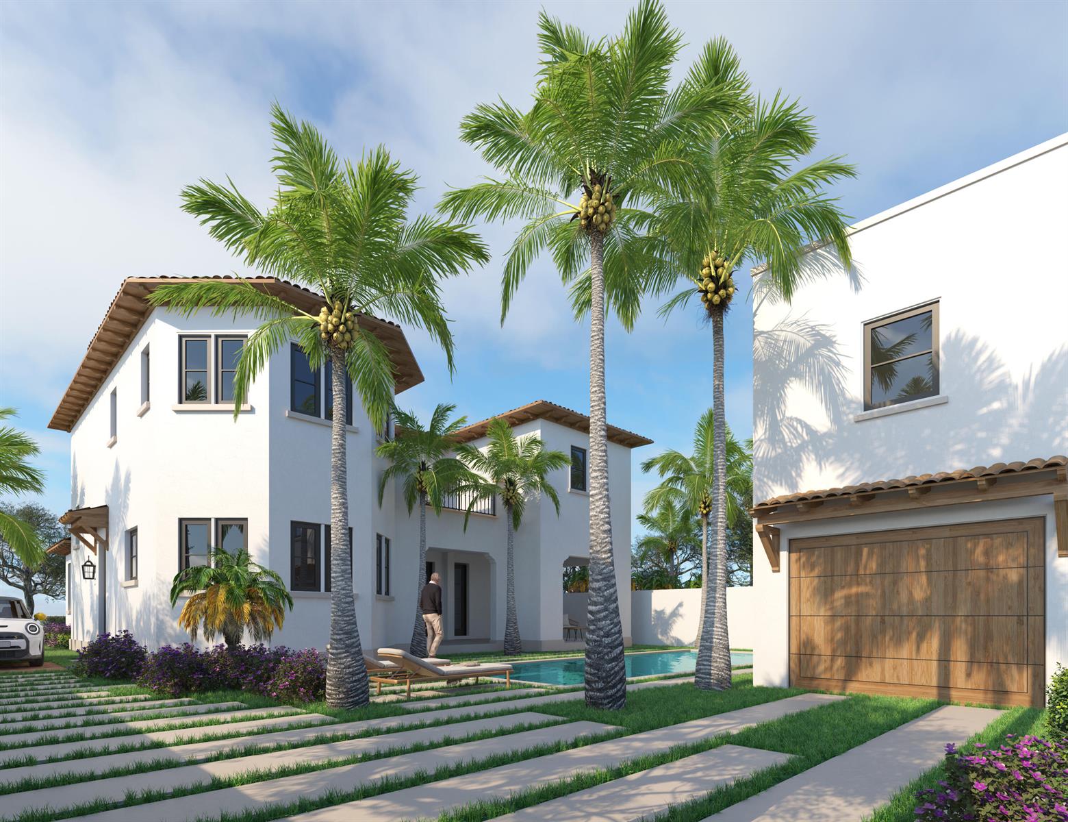 A modern living room features a white sofa, two armchairs, a dark coffee table, and stairs — 230 Pershing Way, West Palm Beach FL 33401, WEST PALM BEACH, FL