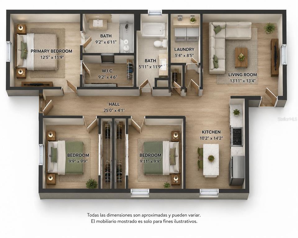 This is a 3D floor plan of a three-bedroom, two-bathroom apartment with an open-concept living area — 2435 5TH ST NE, WINTER HAVEN, FL
