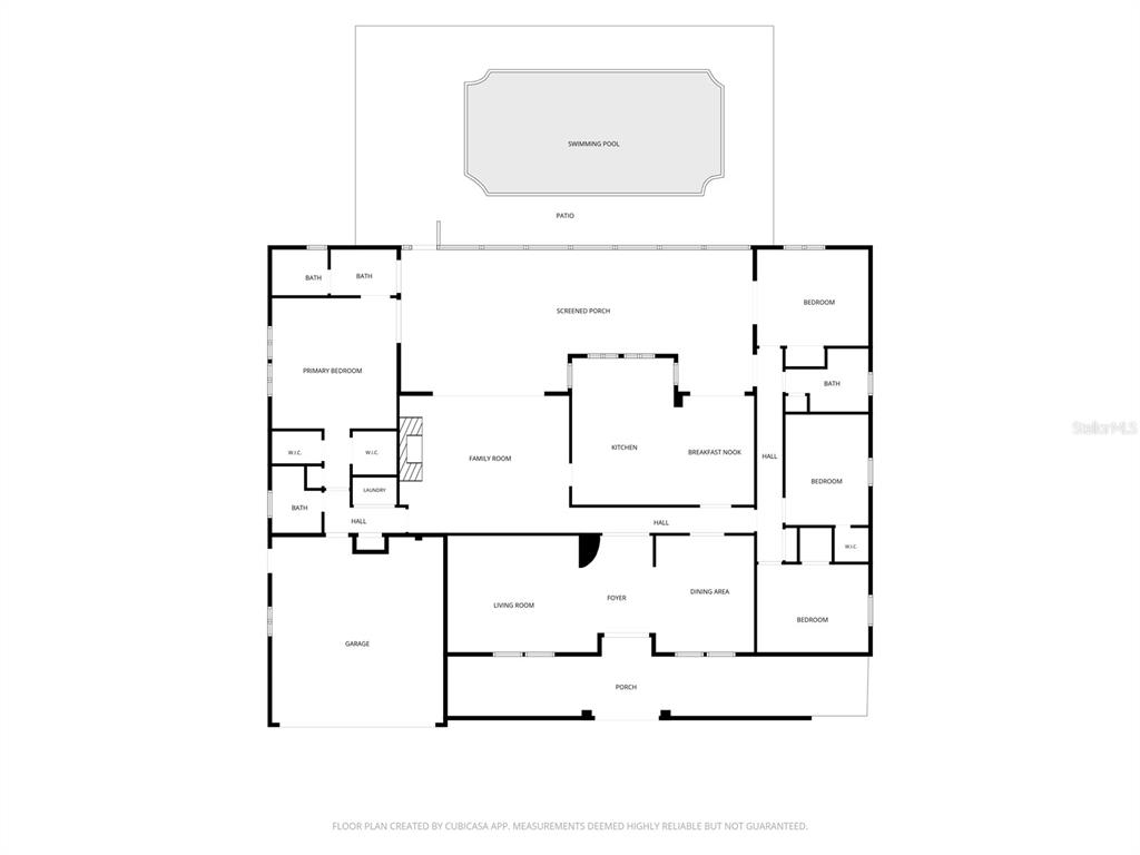 This is a floor plan of a single-story house with a pool and screened porch — 2010 MOSS COURT, DUNEDIN, FL