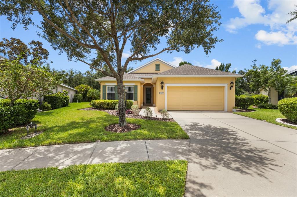 A yellow single-story house with a two-car garage and a large tree in the yard — 11739 FENNEMORE WAY, PARRISH, FL