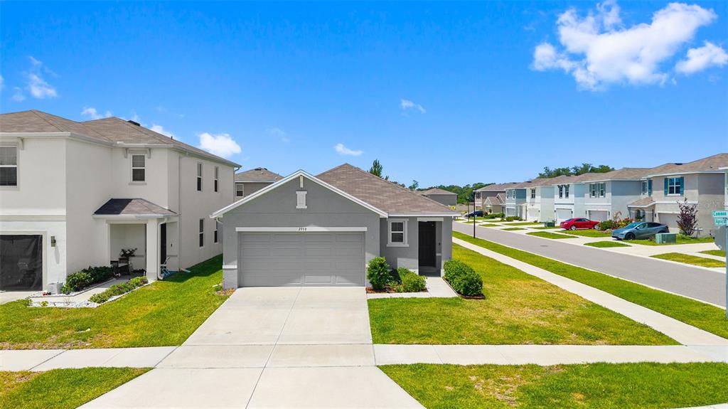 A single-story gray house with a two-car garage sits on a suburban street — 2959 COMMON FIG RUN, WESLEY CHAPEL, FL