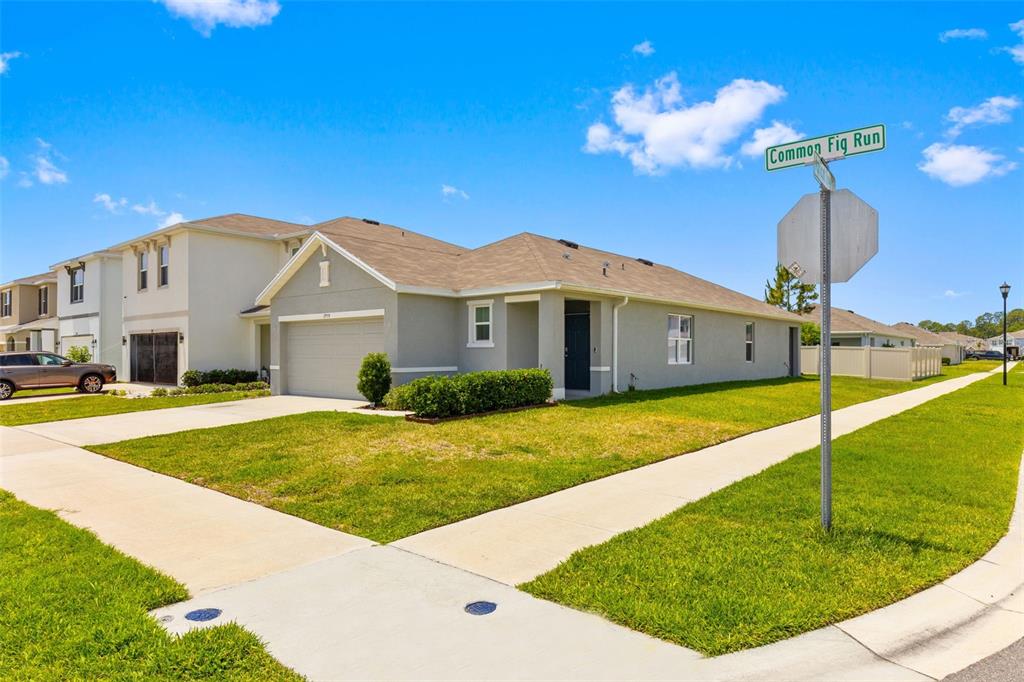 A single-story house with a gray stucco exterior, a two-car garage, and a front lawn — 2959 COMMON FIG RUN, WESLEY CHAPEL, FL
