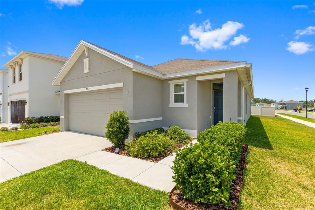 A tiled hallway leads toward an open-concept kitchen and living area with a large window — 2959 COMMON FIG RUN, WESLEY CHAPEL, FL