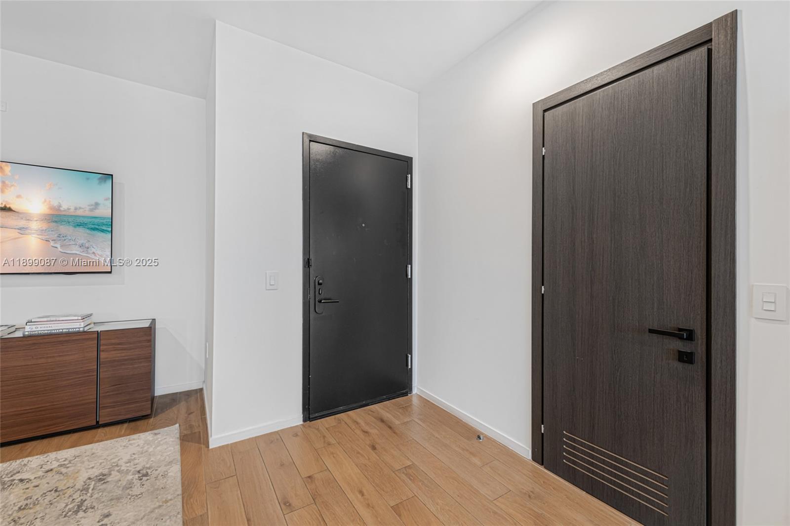 An interior view shows a hallway with wood flooring, a dark door, and a television — 398 NE 5th St # 3017, Miami FL 33132, MIAMI, FL