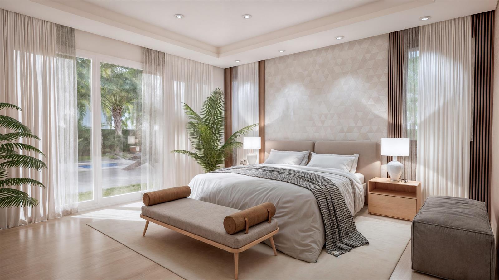 This is a rendering of a modern bedroom featuring a bed, bench, and large windows — 1220 Aryana Way, Delray Beach FL 33445, DELRAY BEACH, FL
