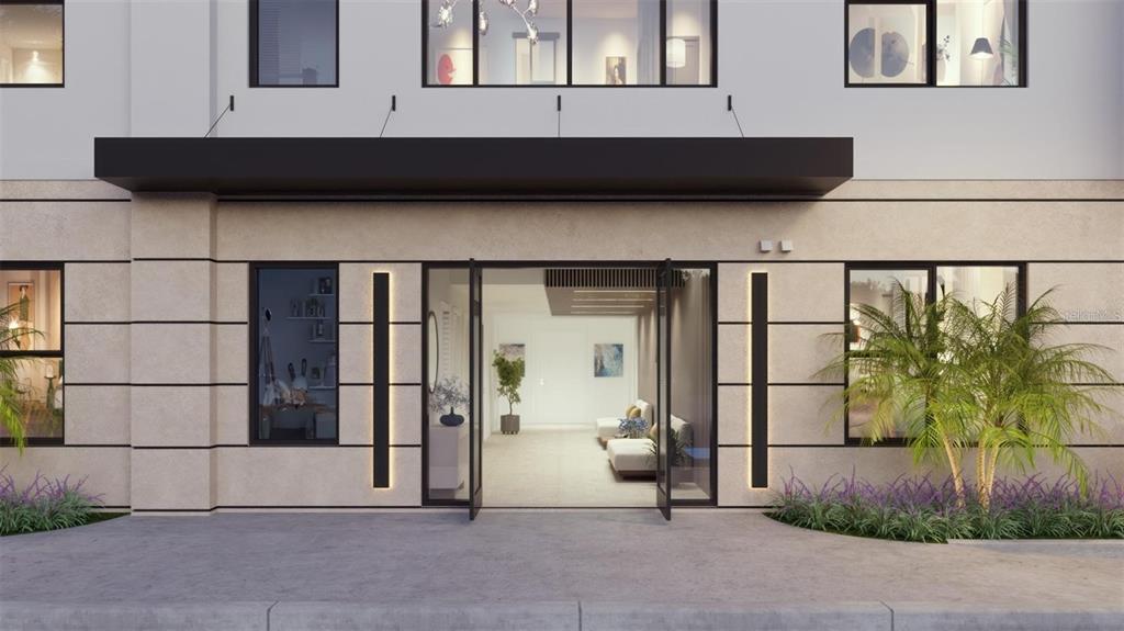 This architectural rendering shows the modern exterior entrance of a building with glass double doors — 4950 REMINGTON DRIVE UNIT 412, SARASOTA, FL