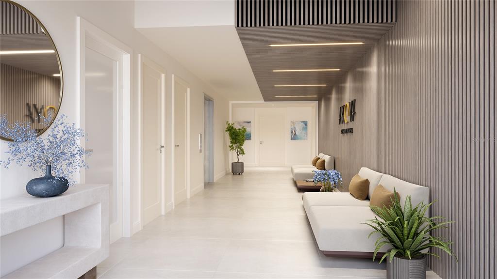 This is a rendering of a modern office lobby with a slatted ceiling and seating — 4950 REMINGTON DRIVE UNIT 412, SARASOTA, FL