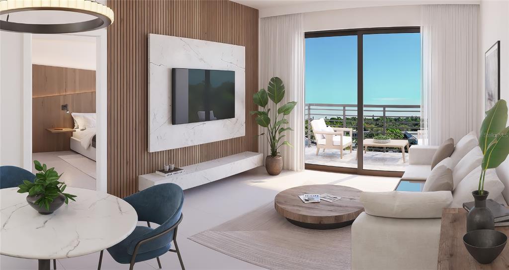 This rendering shows a modern living room with wood-slat walls, marble accents, and a balcony — 4950 REMINGTON DRIVE UNIT 412, SARASOTA, FL