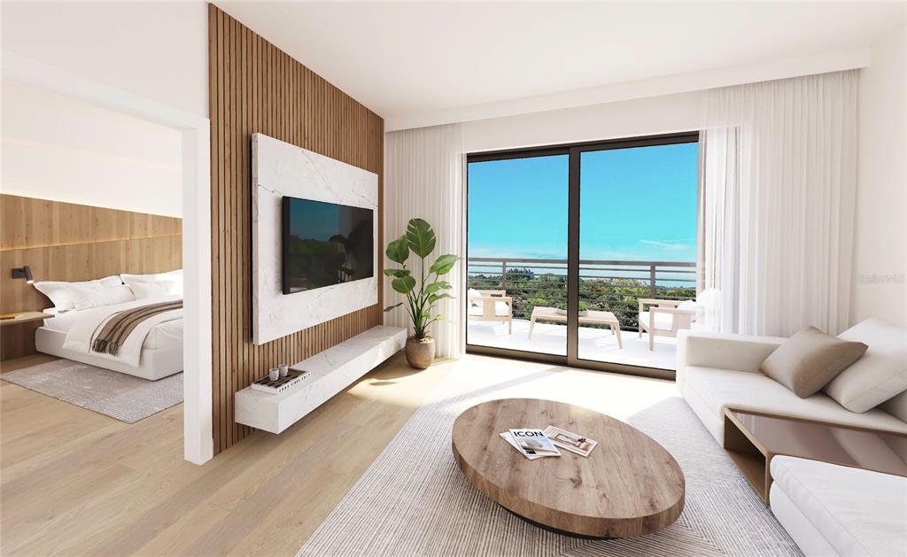 This rendering shows a modern living room with wood slat walls and a balcony view — 4950 REMINGTON DRIVE UNIT 412, SARASOTA, FL