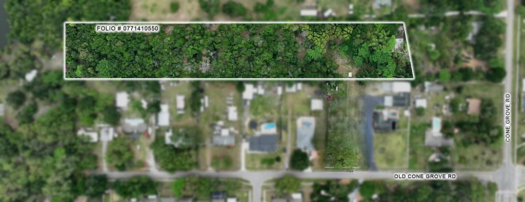 An aerial map view shows a rectangular wooded lot outlined in white — OLD CONE GROVE ROAD, RIVERVIEW, FL