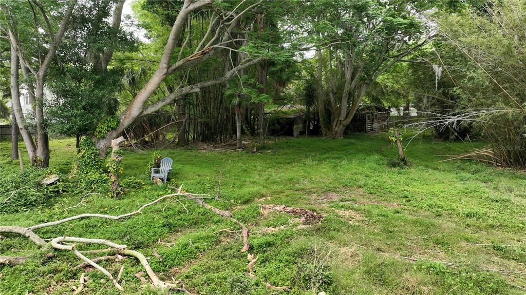 A grassy, wooded lot features a lone plastic chair and a small, dilapidated wooden structure — OLD CONE GROVE ROAD, RIVERVIEW, FL