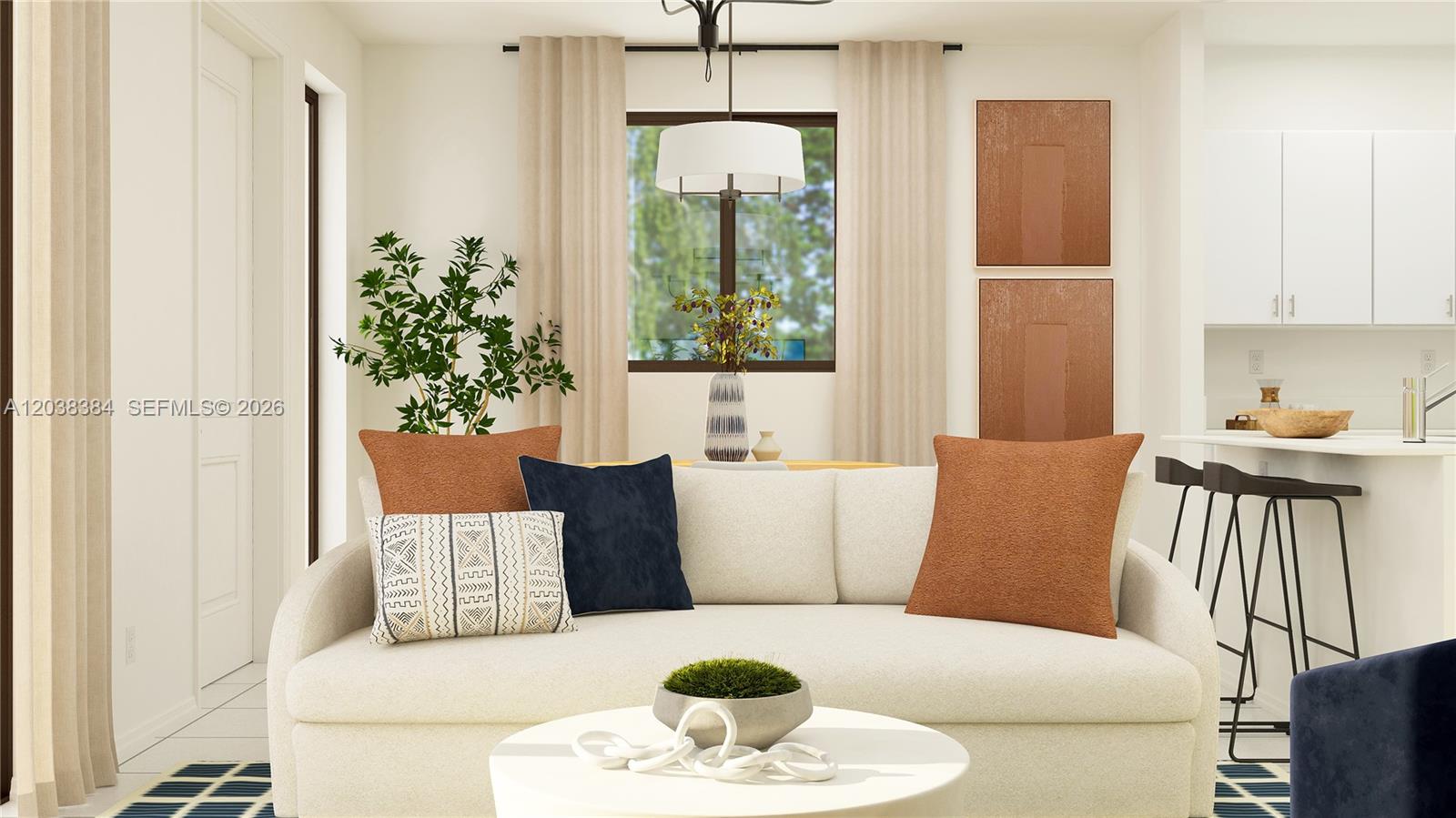 This digital rendering shows a living room with a sofa, coffee table, and kitchen area — 13841 SW 261 TER, Miami FL 33032, MIAMI, FL