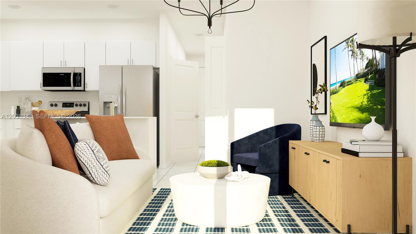 This is a digital rendering of a modern living room and kitchen area — 13841 SW 261 TER, Miami FL 33032, MIAMI, FL