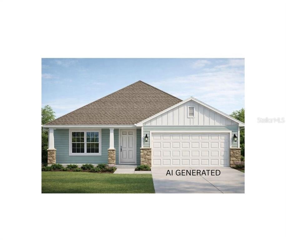This is an AI-generated rendering of a single-story house with light blue siding and stone — 581 SW BELLFLOWER DRIVE, LAKE CITY, FL