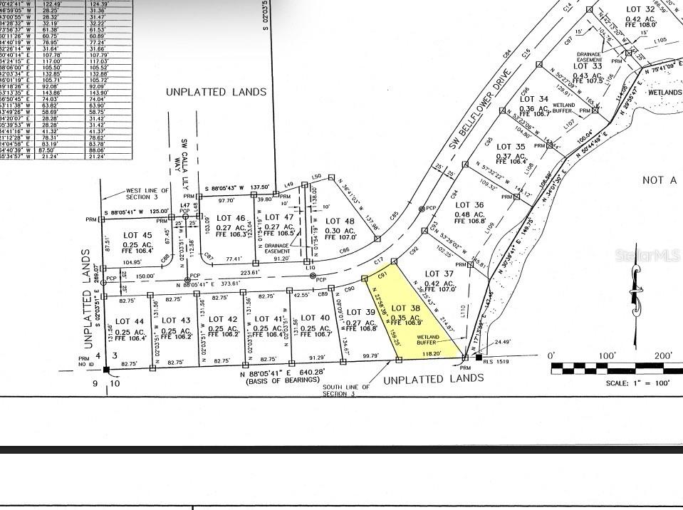 This is a plat map showing the layout and dimensions of several residential lots — 581 SW BELLFLOWER DRIVE, LAKE CITY, FL