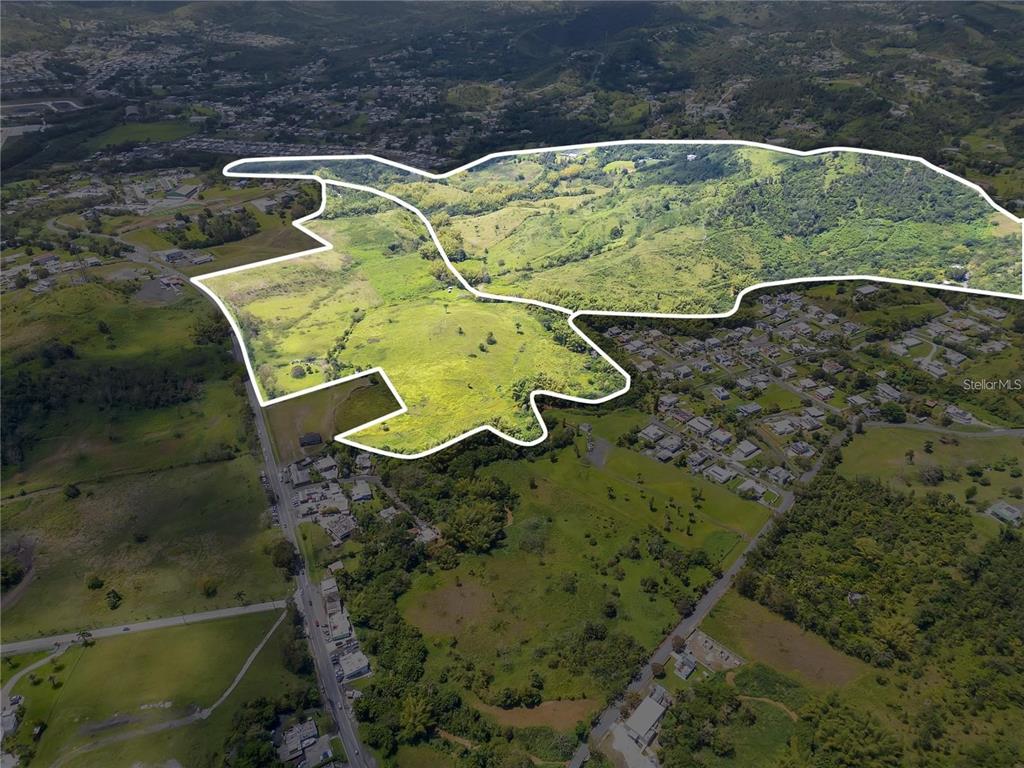 An aerial view shows a large, undeveloped plot of land outlined in white — 7786 BO BEATRIZ KM 0.5, CAYEY, PR