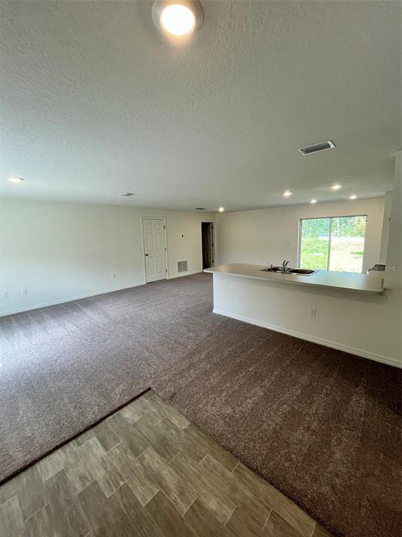 An open-concept living area features brown carpeting, a kitchen island, and a sliding glass door — 10115 MCMAHON AVENUE, HASTINGS, FL