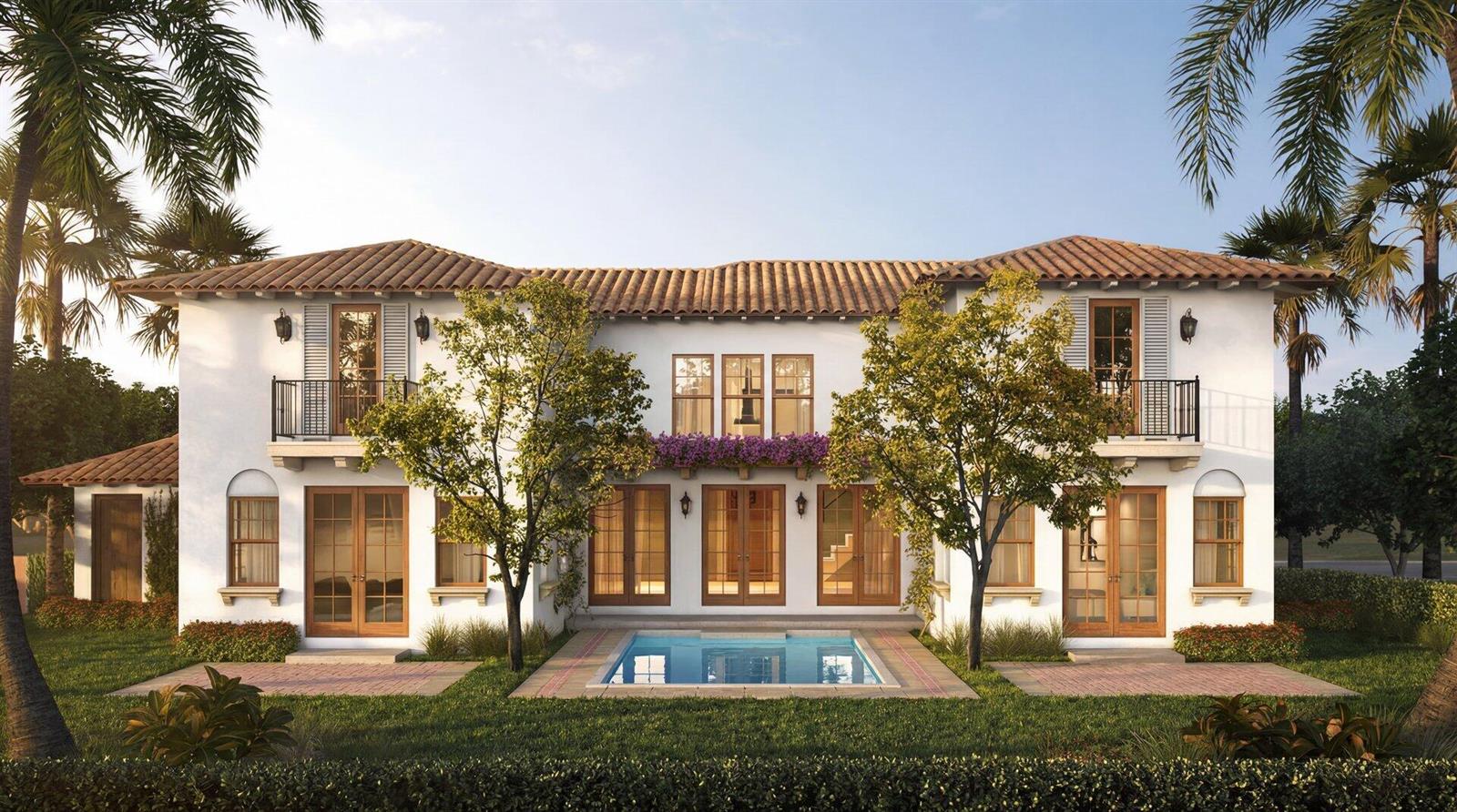 This architectural rendering shows the rear exterior of a two-story Mediterranean-style home with a pool — 240 Oleander Avenue, Palm Beach FL 33480, PALM BEACH, FL
