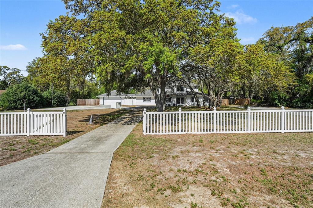 A white picket fence encloses a concrete driveway leading to a house shaded by trees — 18731 FIRETHORN DRIVE, SPRING HILL, FL