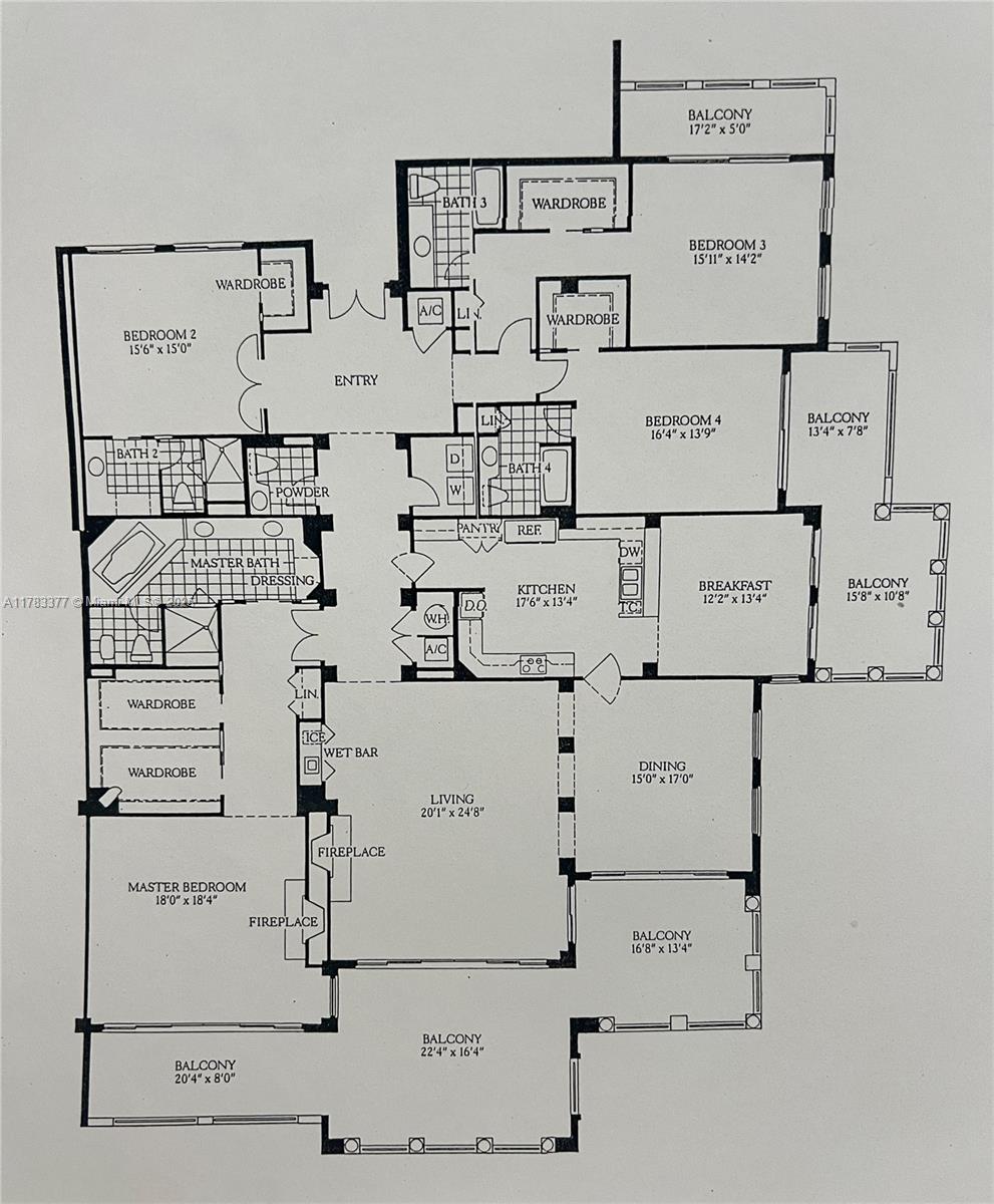This is a floor plan for a residential unit featuring four bedrooms and multiple balconies — FISHER ISLAND, FL