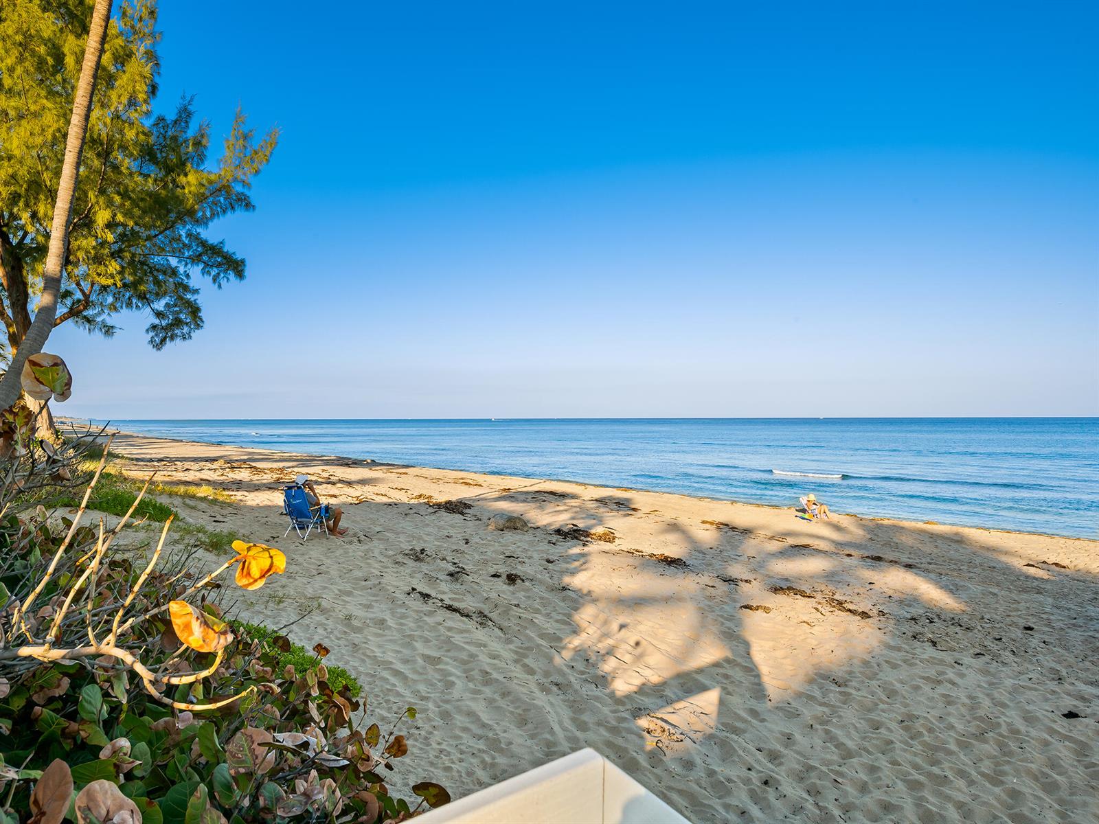 A sandy beach with palm trees, blue ocean, and two people sitting in chairs — 3606 S Ocean Boulevard # 1004, Highland Beach FL 33487, HIGHLAND BEACH, FL