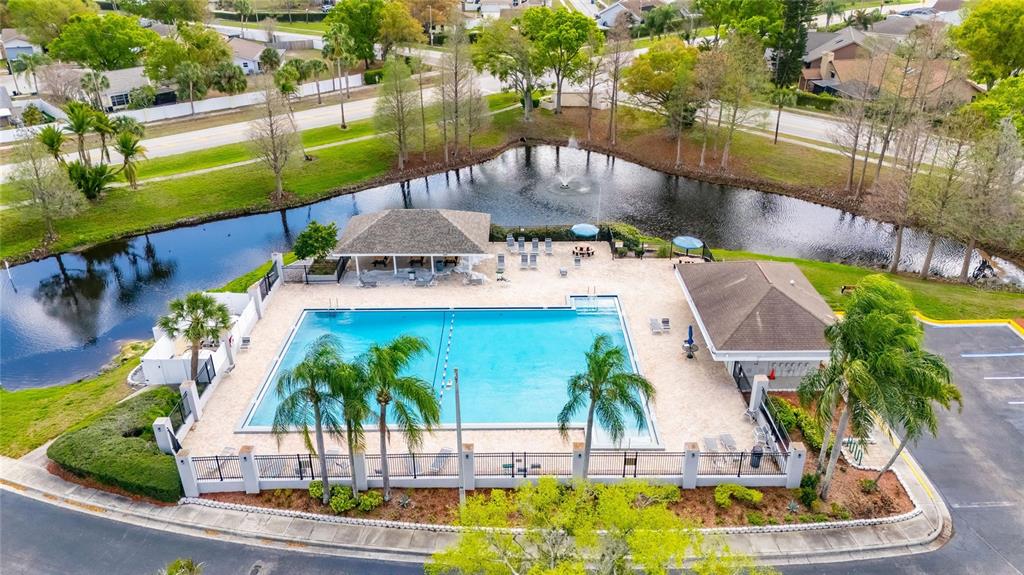 An aerial view of a community swimming pool area with a pond and fountain — 11207 VILLAGE BROOK DRIVE, RIVERVIEW, FL
