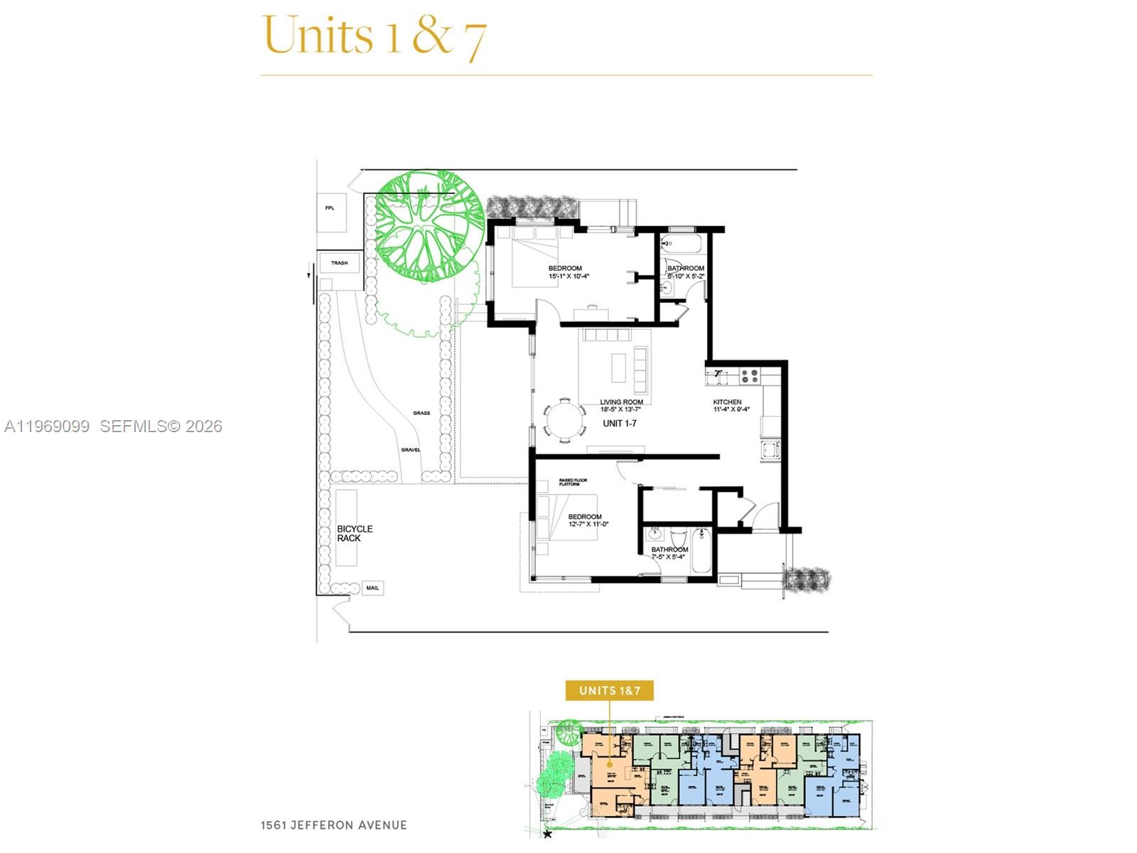 This floor plan shows a two-bedroom apartment unit with a kitchen, living room, and bathrooms — 1561 Jefferson Avenue, Miami Beach FL 33139, MIAMI BEACH, FL
