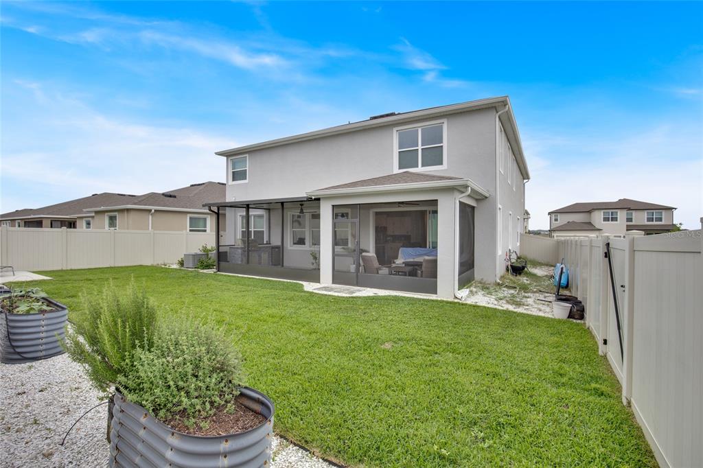 A two-story house with a screened-in back porch and raised garden beds in the yard — 32265 CONCHSHELL SAIL STREET, WESLEY CHAPEL, FL