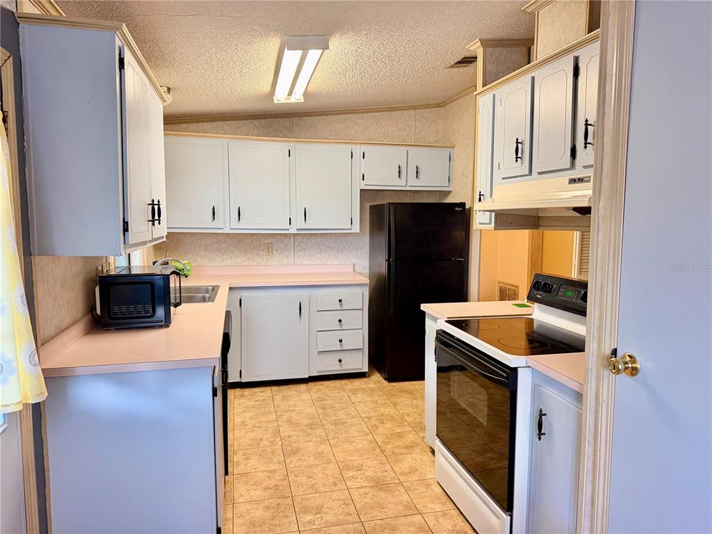A kitchen features light-colored cabinets, pink countertops, a black refrigerator, and a black stove — 4637 BELLE GROVE, LEESBURG, FL