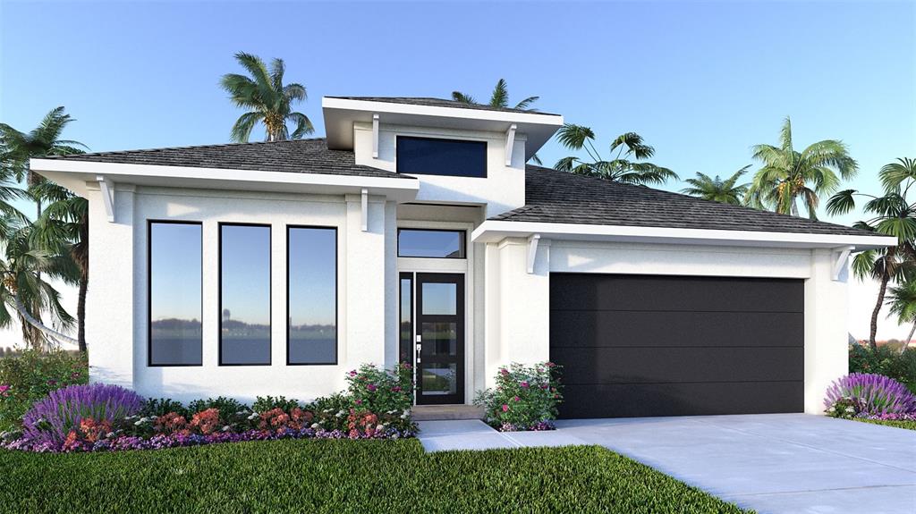 This is a digital rendering of a modern single-story house with a white exterior — 3818 COUNTRY VIEW COURT, BRADENTON, FL
