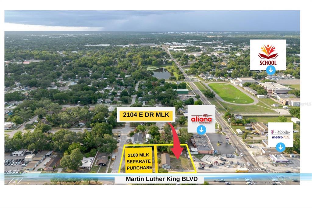 This image shows a commercial property exterior with a small building and a storage shed — 2104 E DR MLK, TAMPA, FL