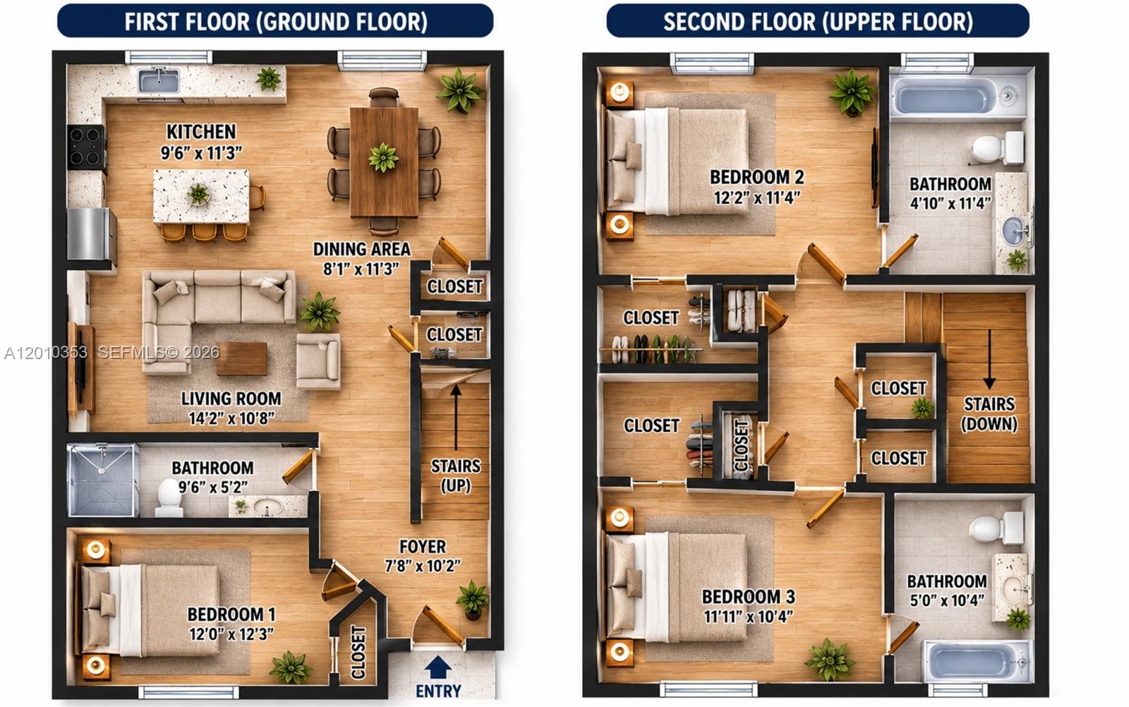 This floor plan shows a two-story residential unit with three bedrooms and three bathrooms — 12308 NW 23rd Ct # 12308, Miami FL 33167, MIAMI, FL