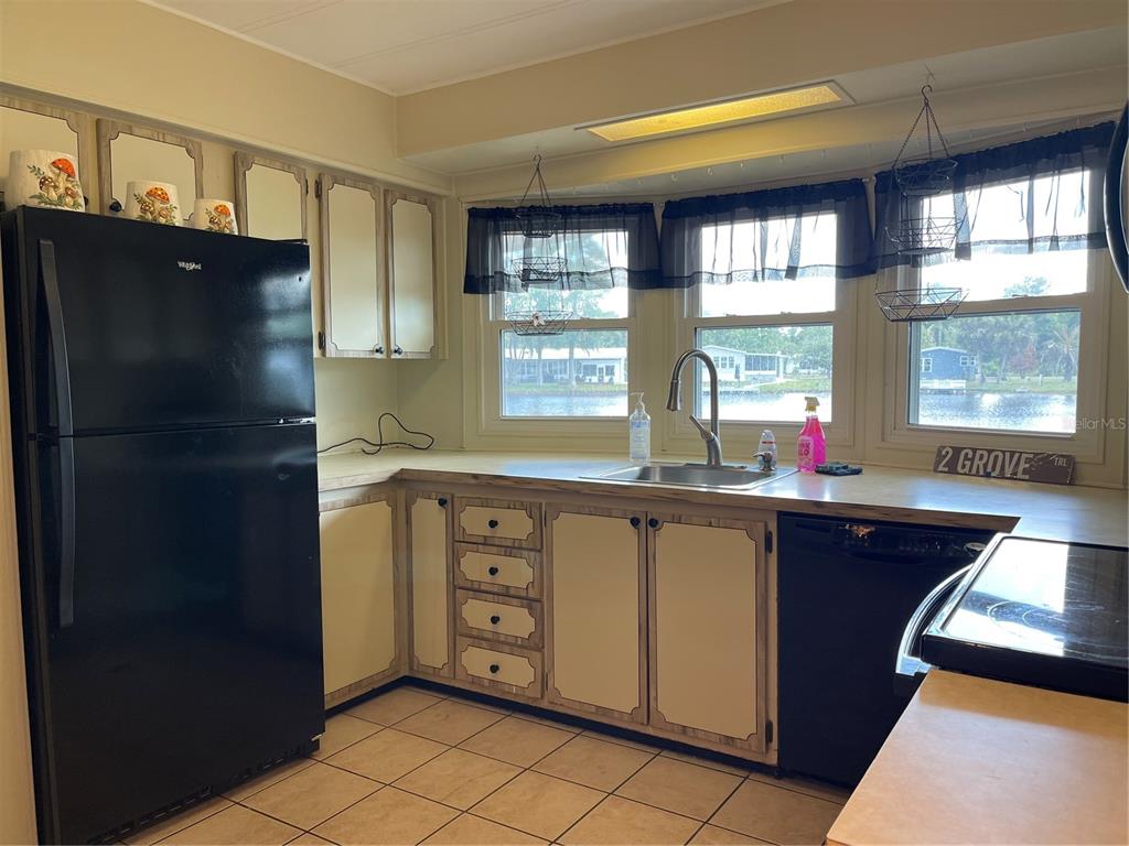 A kitchen features light-colored cabinets, a black refrigerator, a double sink, and a window view — 2 GROVE TRAIL, WILDWOOD, FL