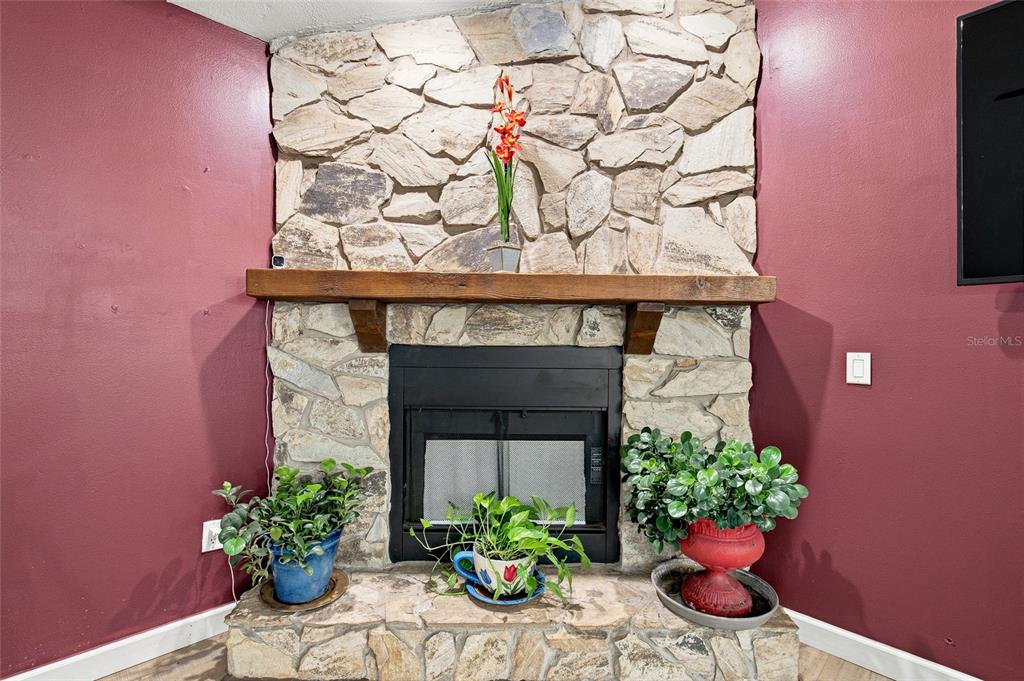 A stone fireplace with a wooden mantel sits against a dark red wall — 5016 SWALLOW DRIVE, LAND O LAKES, FL