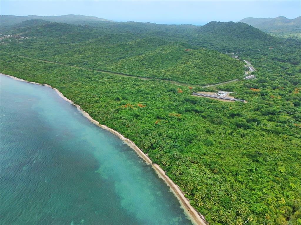 An aerial view of a lush green coastline with a beach and a small facility — Punta Arenas PUERTO REAL, VIEQUES, PR